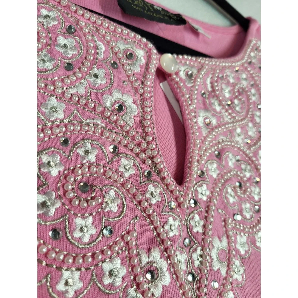 Bob Mackie Wearable Art Pink Beaded Embroidered Floral Keyhole Sweater L NWT